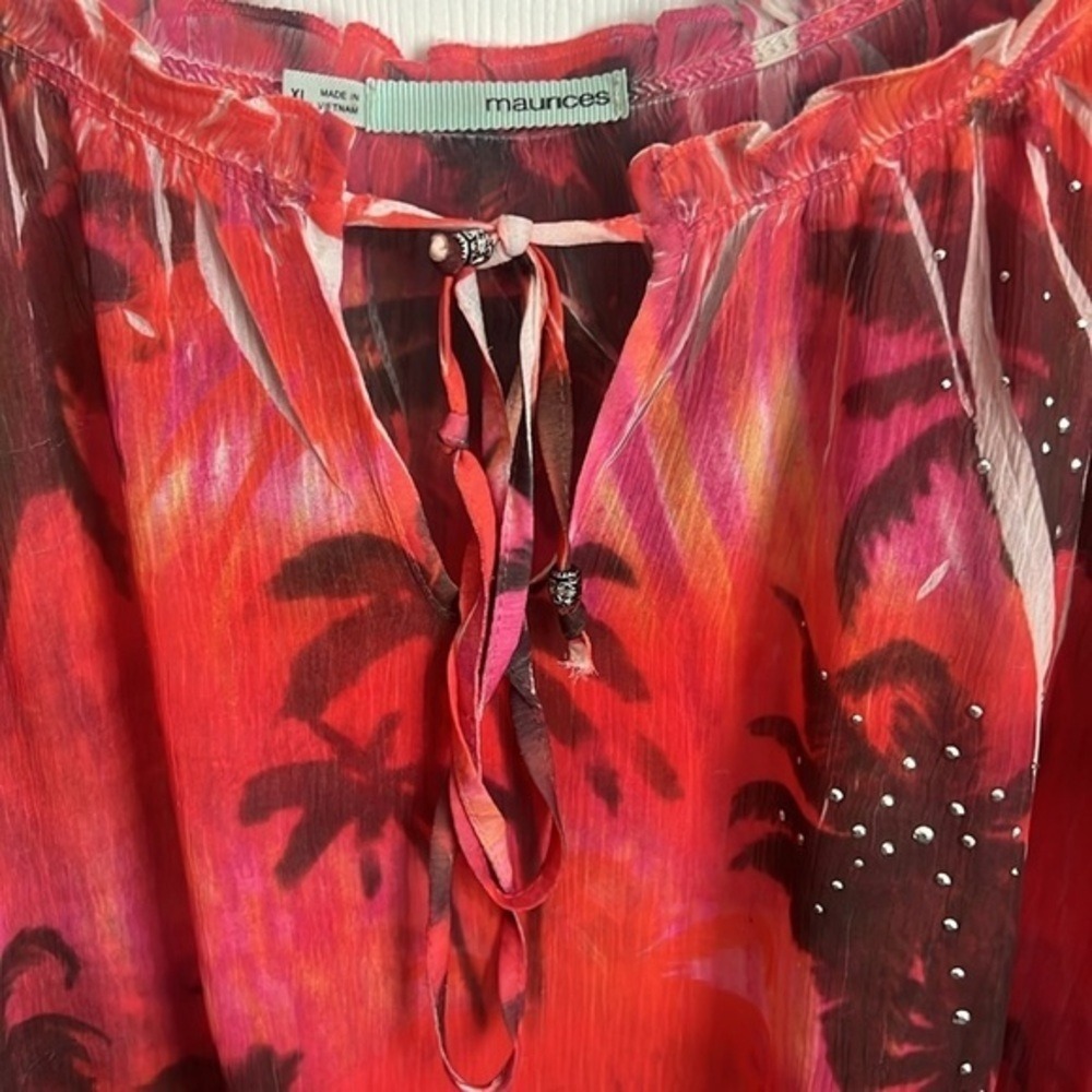 Maurices Palm Tree Blouse Sheer Tie Neck Short Sleeve Red XL - Picture 3 of 10